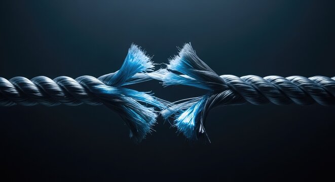 A close-up view of a rope being snapped in two with frayed ends.