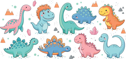 A charming collection of nine cute cartoon dinosaur characters featuring various colorful prehistoric species like stegosaurus and long-necked sauropods isolated on a white background. © MdMojnu
