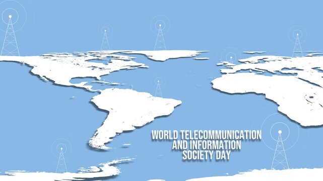 Animation of a map with telecommunication towers. World Telecommunication and Information Society Day. 4K