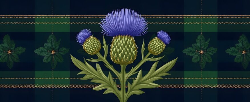 The classic Scottish thistle emblem on a tartan patterned backdrop