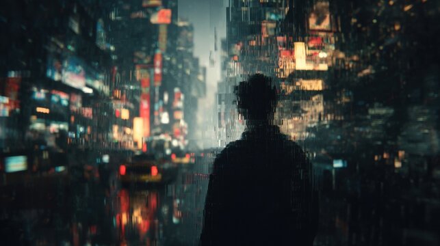 A hyper-realistic, cinematic portrayal of a mentally unstable man standing in the middle of a vast &ETH;&frac14;&ETH;&micro;&ETH;&sup3;acity at night, captured as if shot on a high-end cinema camera 