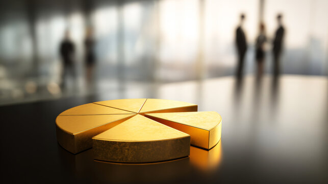 Golden pie chart displaying business strategy and market share allocation on a sleek table with blurred executives in background