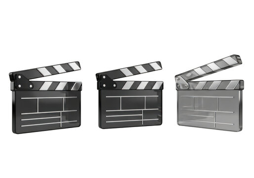 Three movie clapper boards for film production and video editing projects isolated on transparent background