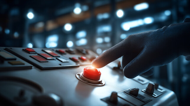 Gloved hand pressing red emergency stop button on an industrial control panel, ensuring factory production safety