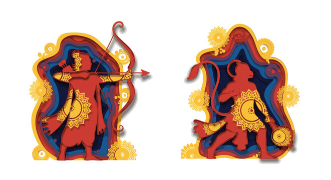 Lord Rama and Hanuman paper cut illustration for Indian festivals