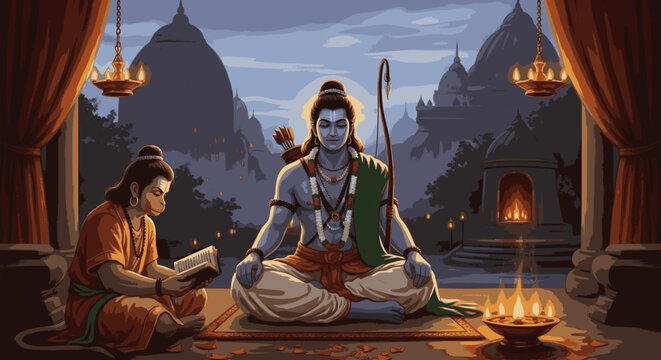 Lord Rama and Hanuman meditating with scriptures in a divine temple setting