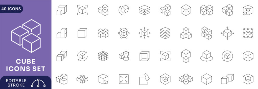 Cube icon set. Outline Icon Collection. Editable stroke
