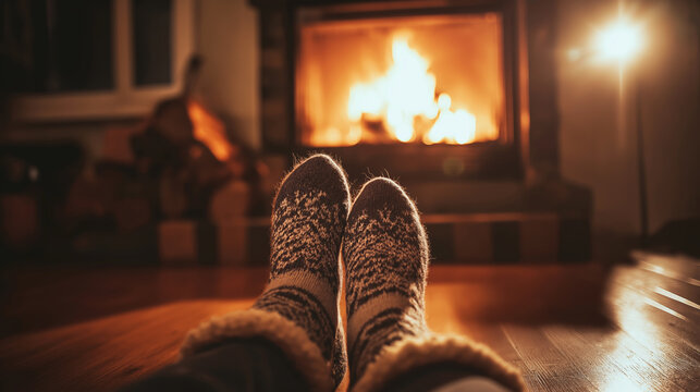 Person relaxing by warm fireplace, wearing cozy patterned wool socks, enjoying hygge comfort and golden firelight