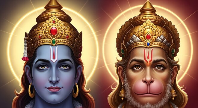 Portrait of Lord Rama and Hanuman with glowing halos for Indian festival