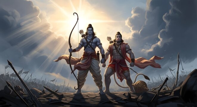 Lord Rama and Hanuman standing on battlefield under divine sunlight