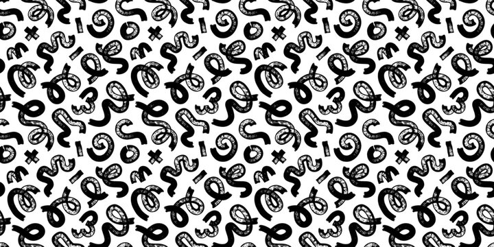 Black marker scribble seamless pattern with curved lines, loops and spirals. Hand drawn doodle squiggles in expressive trendy childlike style. Abstract brush stroke texture.