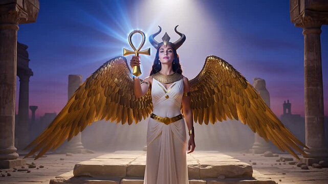 Ancient Egyptian Goddess Isis with Golden Wings and Glowing Ankh Symbol