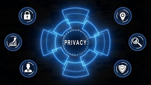 Digital privacy protection concept featuring glowing neon blue hud interface with cybersecurity data encryption symbols, and secure network connectivity for modern tech
