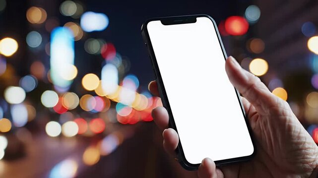 A person holds a modern smartphone displaying a blank screen against a blurred cityscape background at night, suggesting connectivity and technology.
