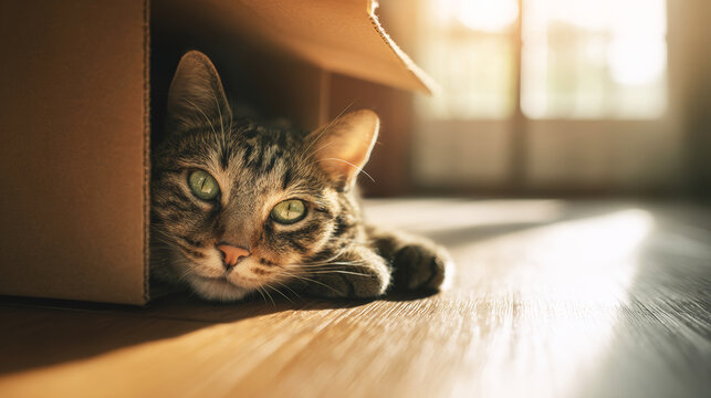 Curious tabby cat with vibrant green eyes peeking from cardboard box, enjoying warm sunbeams on wooden floor