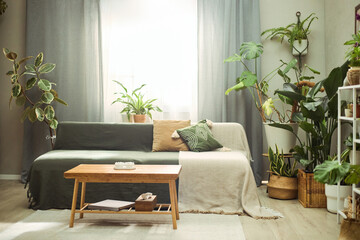 Wide shot of living room featuring sofa surrounded by indoor plants, presenting biophilic home decor and sustainable lifestyle concept. Supporting interior design, real estate, wellness branding © Seventyfour