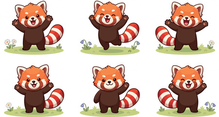 A charming collection of six cute cartoon red panda characters in joyful poses, jumping and playing on grass with flowers isolated on a white background. © MdMojnu