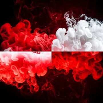 Split quadrants showing flowing red and white abstract smoke shapes