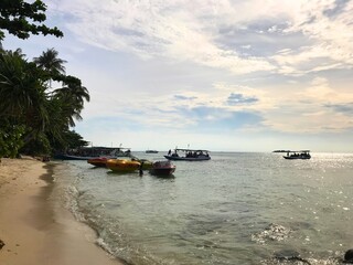 Obraz premium Golden sand meets turquoise waves gently. Palm trees frame the tropical shoreline. Canoes drift near the shore, ready for adventure. Clouds paint the sky in soft, serene hues