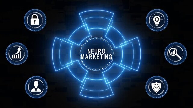 Neuromarketing digital interface concept featuring glowing blue hud consumer behavior analysis data analytics visualization, and futuristic business strategy technology