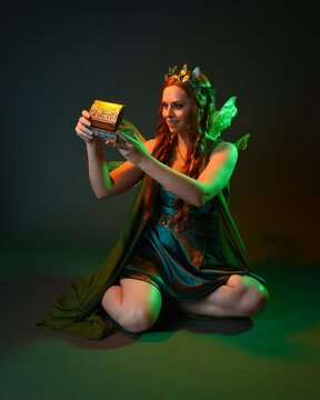 portrait of female model wearing fantasy fairy costume, green dress, cloak, butterfly wings and crown. Full length kneeling pose holding secret jewellery box, isolated on dark studio background