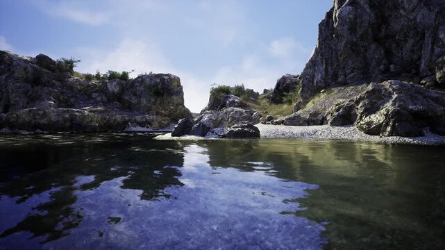 Luminous headland gazing over serene water calmness. Illuminated cliff edge overlooking placid waters with gentle waves and clear atmosphere