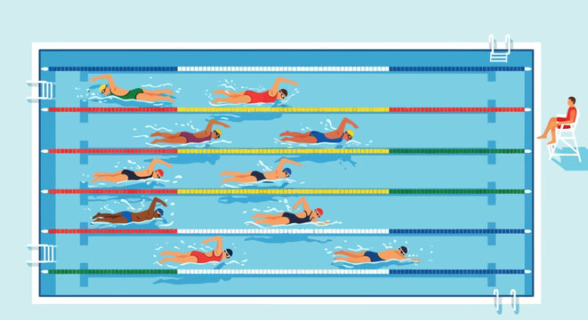 Illustration of competitive swimmers in various lanes of a swimming pool with a diving board on the side.