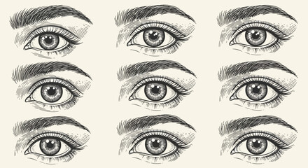 Fototapeta premium Detailed pencil drawings of multiple human eyes with varying expressions on a beige background
