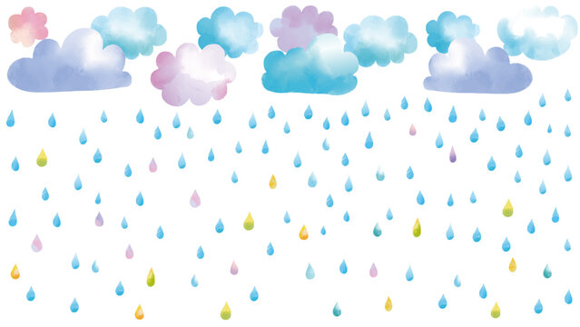 水彩風 かわいい雲と雨のフレーム Cute Weather Series:watercolor-style cloud and rain frame
