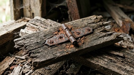 Fototapeta premium Close-up of old wooden boards with rusty hinges, rustic, aged, and decaying.