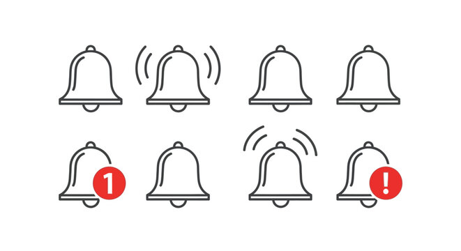 Collection of notification bell icons with alerts on a white background