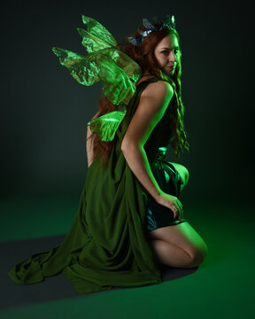 portrait of female model wearing fantasy fairy costume, green dress, cloak, butterfly wings and crown. full length sitting pose, kneeling on floor, dark studio background.