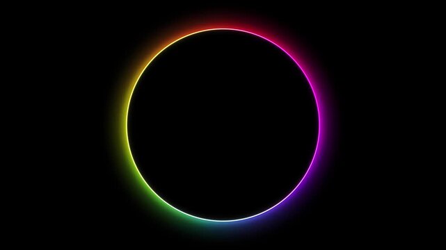 Abstract gradient neon circle frame on black background, vibrant rainbow color LED sign for design, animated multicolored laser light spectrum loop presentation, empty futuristic glowing line