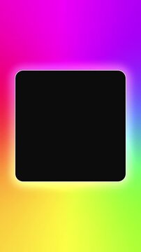 Volumetric gradient neon square frame on black background, abstract vibrant rainbow glowing edge design, animated multicolored laser light spectrum loop presentation, empty futuristic color sign