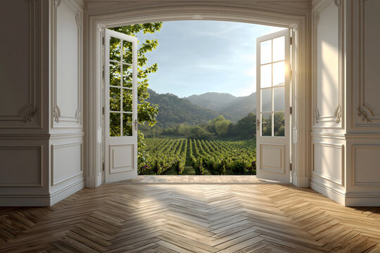 Chateau with open white french doors view to vineyard, parquet flooring and ornate wall molding, photography backdrop.