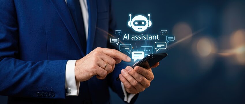 Engaging interaction with an ai assistant modern office setting digital communication professional environment close-up viewpoint technology advancement