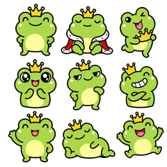 Naklejka premium cute frog with crowns doodle character set
