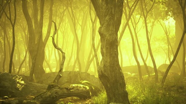 Golden sunlight through misty tree trunks bathing mossy floor in warmth, ideal for forest bathing and wellness branding, tranquil mood for meditation or guided
