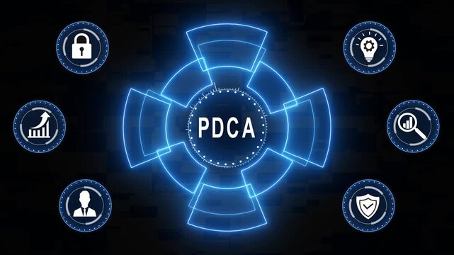 Pdca cycle management concept with glowing digital hud interface featuring business process optimization for corporate strategy, control, and continuous improvement
