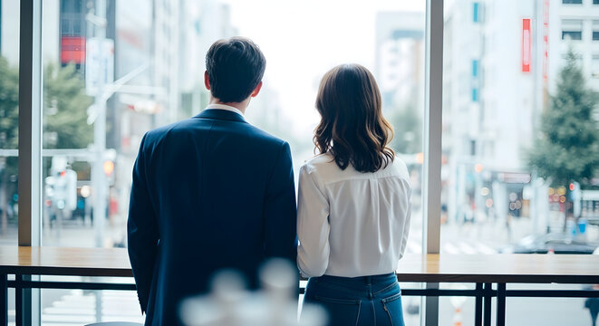 A contemplative couple stands with their backs to the viewer gazing out a large window at a bustling city scene lost in thought