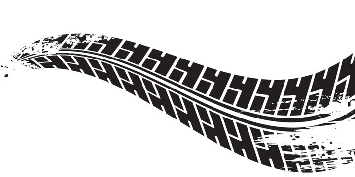 Grunge tire track, wheel braking marks. Truck, car or motorcycle tread pattern silhouette. Auto race, motorsport, speed racing design element. Vector illustration