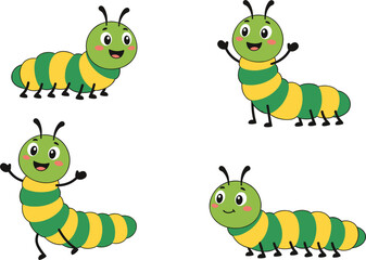 Fototapeta premium Colorful cartoon caterpillar character set featuring outline, sketch and vibrant multicolor larva worm designs on isolated background