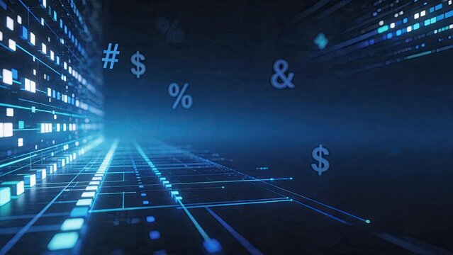Abstract futuristic digital background with glowing blue technology grid lines and floating currency symbols representing data processing fintech innovation cryptocurrency trends