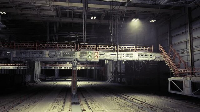 Wide empty hangar flooded with sickly lights, dust motes and fractured piping, collapsed fixtures, echoing space, greenish tinge and layers of grime, tense