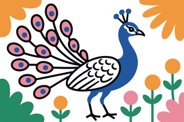 Fototapeta premium Artistic peacock with large colorful tail and abstract floral elements, playful design.