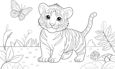 Fototapeta premium Baby tiger with butterfly and flowers in nature outline drawing sketch vector.
