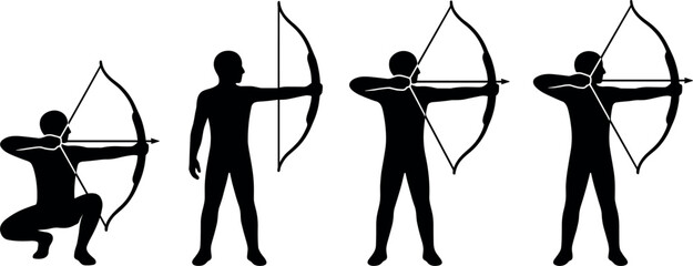 A collection of four black archery silhouettes featuring archers in various shooting positions, including crouching and standing poses with bows and arrows isolated on white. © MdMojnu