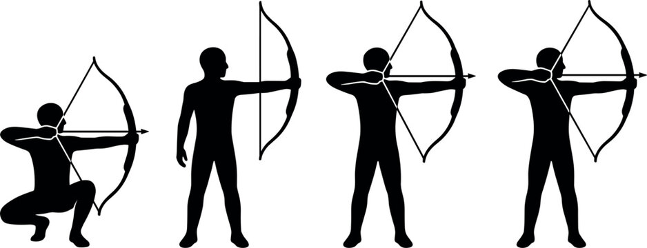 A collection of four black archery silhouettes featuring archers in various shooting positions, including crouching and standing poses with bows and arrows isolated on white.