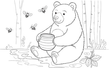 Bear holding pot of honey with bees flying around forest background vector. © Ibrahim Khalal
