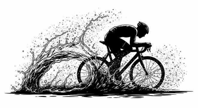 A cyclist rides through a splashing puddle on a rainy day with water droplets flying everywhere.